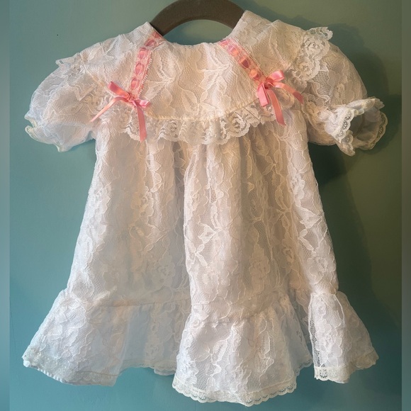 Vintage Jilly White Lace Dress with Pink Ribbon Size 18m - Picture 1 of 6